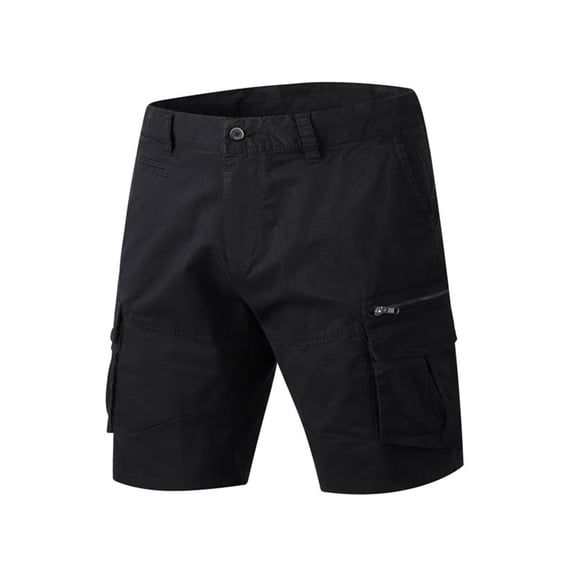 HOOMEUMY Men's Shorts Summer Cotton Cargo Shorts Straight Fit Multi-Pockets Solid Color Bermuda Shorts Black L