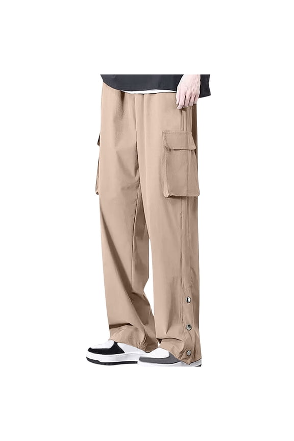 Men's Side Snap Closure Straight Leg Drawstring Loose Fit Breathable Casual Long Cargo Pants with Multi Pockets Yellow XXXXXL