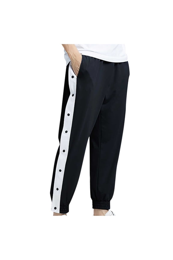 Men's Side Snap Sweatpants Drawstring Bound Feet Jogger Pants with Pocket Casual Breathable Hiking Pants Black XL