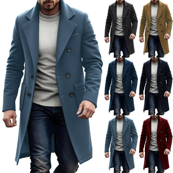 HOOMEUMY Men's Single Breasted Trench Coat Loose Mid Long Jacket Winter Windbreaker Overcoat with Pockets (Blue,L）