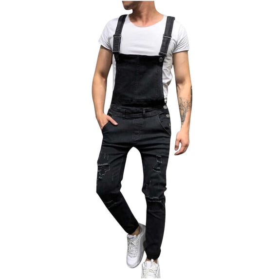 HOOMEUMY Men's Slim Fit Denim Bib Overalls Distressed Straight Leg Dungarees with Multi-Pockets Baggy Overalls Jumpsuit Rompers Black S
