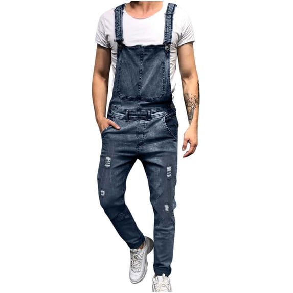 HOOMEUMY Men's Slim Fit Denim Bib Overalls Distressed Straight Leg Dungarees with Multi-Pockets Baggy Overalls Jumpsuit Rompers Blue S