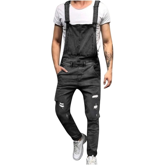 HOOMEUMY Men's Slim Fit Denim Bib Overalls Distressed Straight Leg Dungarees with Multi-Pockets Baggy Overalls Jumpsuit Rompers Gray L