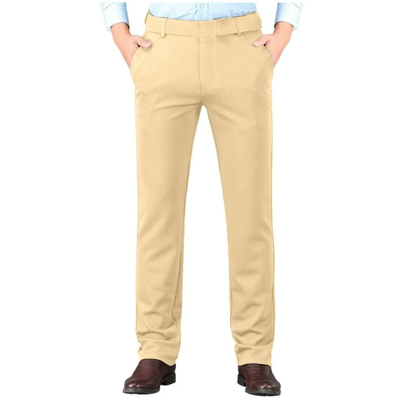 HOOMEUMY Men's Slim Fit Dress Pant Business Casual Fashion Solid Color Suit Pants Stretch Straight Fit Pants (Khaki,38)