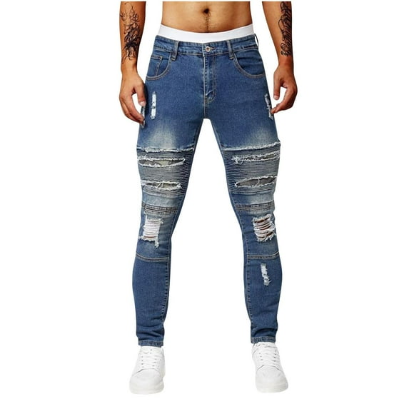 HOOMEUMY Men's Slim Fit Jeans Vintage Classic Casual Ripped Stretch Denim Pants Streetwear (Blue,32)