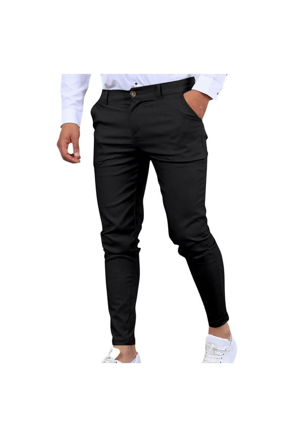 Men's Slim Fit Pants Stretchy Trousers Solid Color Skinny Jeans Elastic Waist Drawstring Black Jogger Pants Fashion Comfortable Dark Blue S