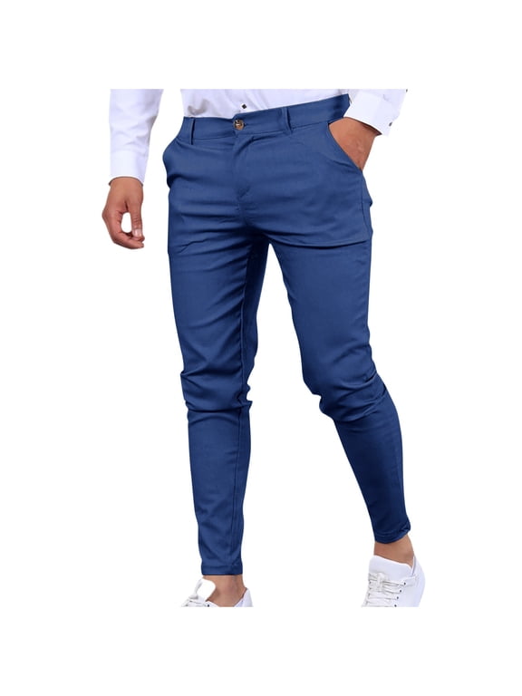 Men's Slim Fit Pants Stretchy Trousers Solid Color Skinny Jeans Elastic Waist Drawstring Black Jogger Pants Fashion Comfortable Navy L
