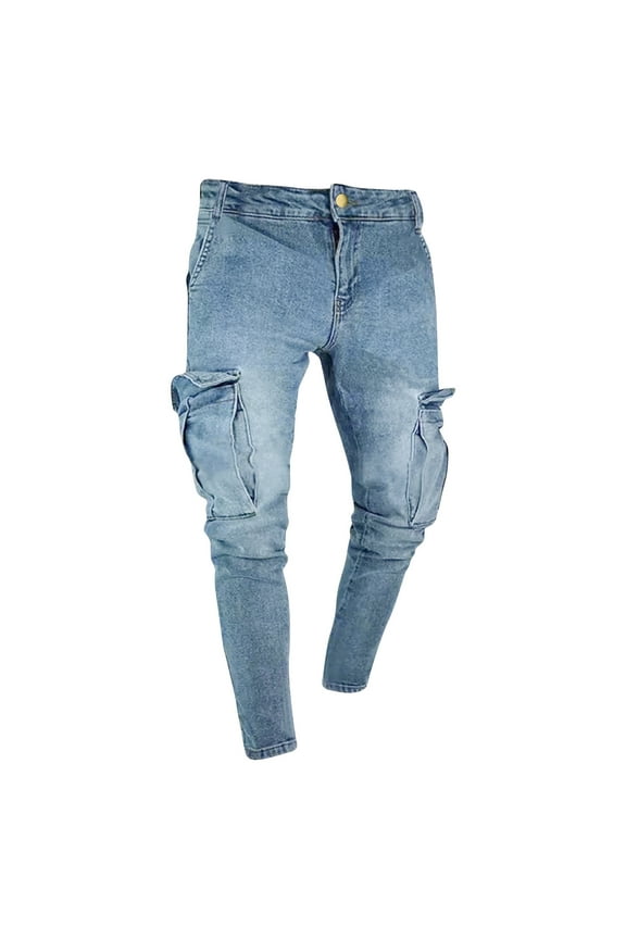 Men's Slim Fit Stretch Denim Cargo Jeans with Multi Pockets Elastic Casual Basic Straight Long Pants Blue S