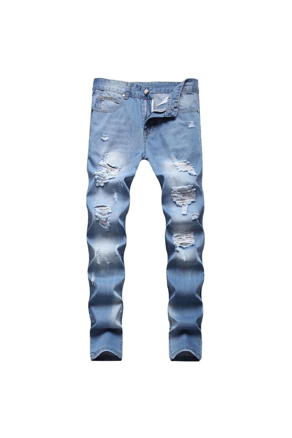Men's Slim Fit Stretch Ripped Destroyed Lightweight Breathable Distressed Biker Trucker Denim Jeans Pants Blue XL