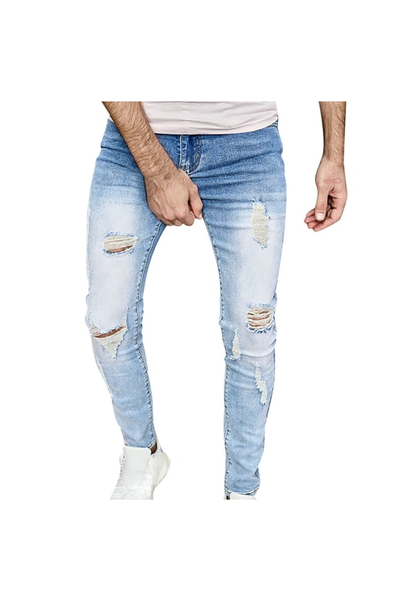 Men's Slim Fit Stretch Ripped Distressed Biker Denim Destroyed Jeans with Holes Washed Straight Trucker Pants Blue XL
