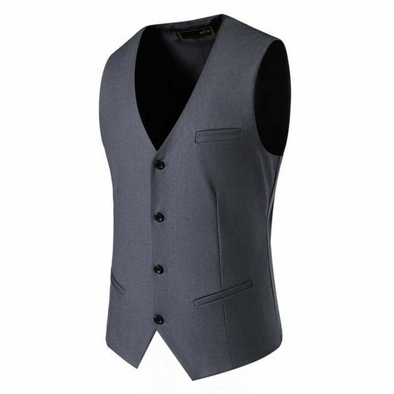 HOOMEUMY Men's Slim Fit V-Neck Suit Vest Formal Business Wedding Party Wear Waistcoat 5 Button Closure Black Gray L