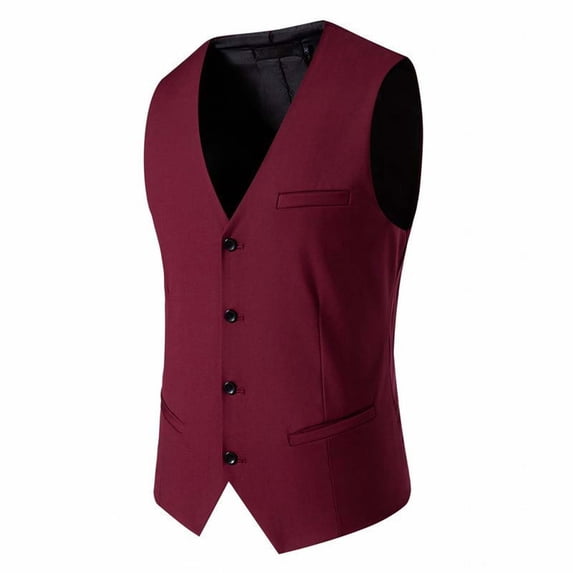 HOOMEUMY Men's Slim Fit V-Neck Suit Vest Formal Business Wedding Party Wear Waistcoat 5 Button Closure Black Wine L