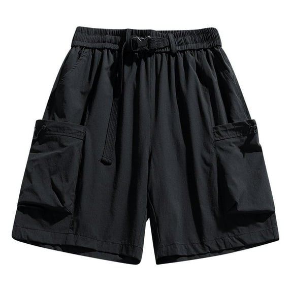 HOOMEUMY Men's Solid Color Drawstring Elastic Waist Multi Pocket Shorts Leisure Summer Fashion Comfy Outdoor Beach Shorts (Black,M)