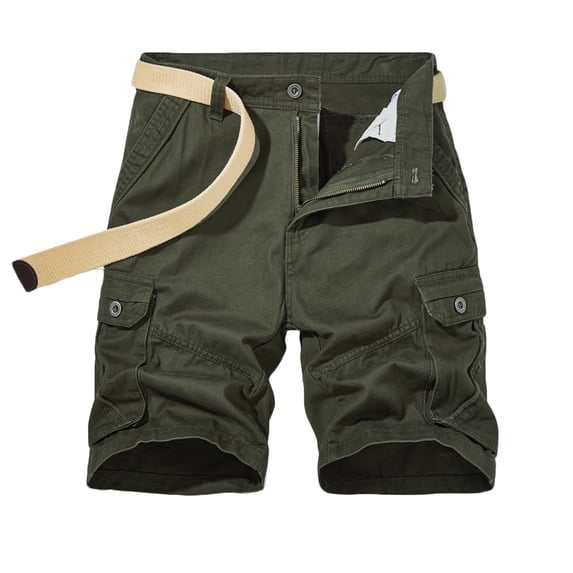 HOOMEUMY Men's Solid Color Multi-Pocket Shorts Belt Straight Wear-resistant Breathable Summer Beach Cargo Shorts Green L