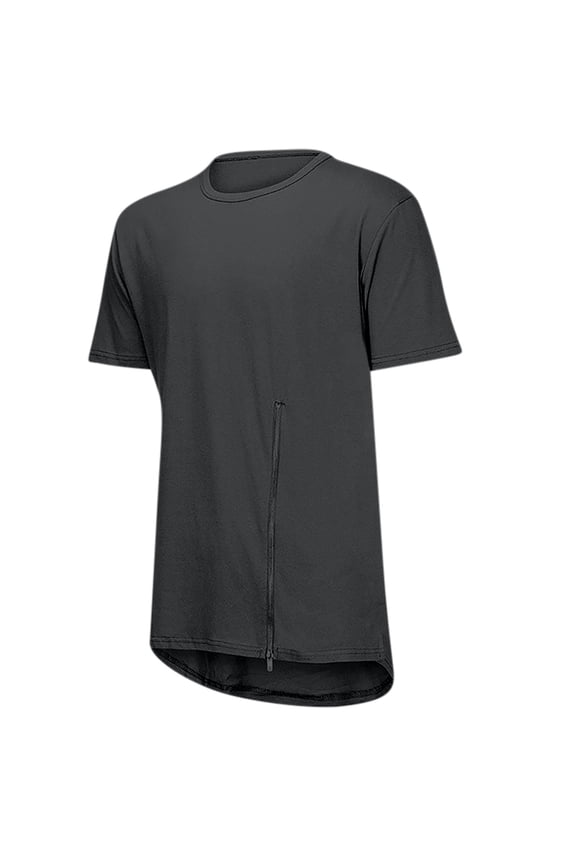 Men's Solid Color Zipper T-Shirt Short Sleeve Casual Breathable Crew Neck Asymmetric Long Cut T-Shirt Gray L