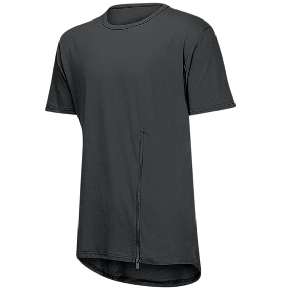 HOOMEUMY Men's Solid Color Zipper T-Shirt Short Sleeve Casual Breathable Crew Neck Asymmetric Long Cut T-Shirt Gray S
