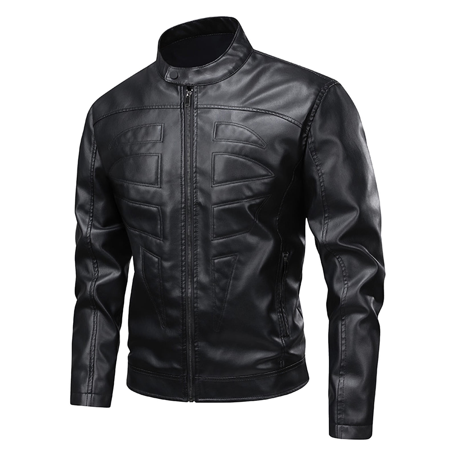 HOOMEUMY Men's Stand Collar Leather Jacket Casual Slim Fit Motorcycle Faux Leather Outerwear Windbreaker Coats with Pockets (Black,M）