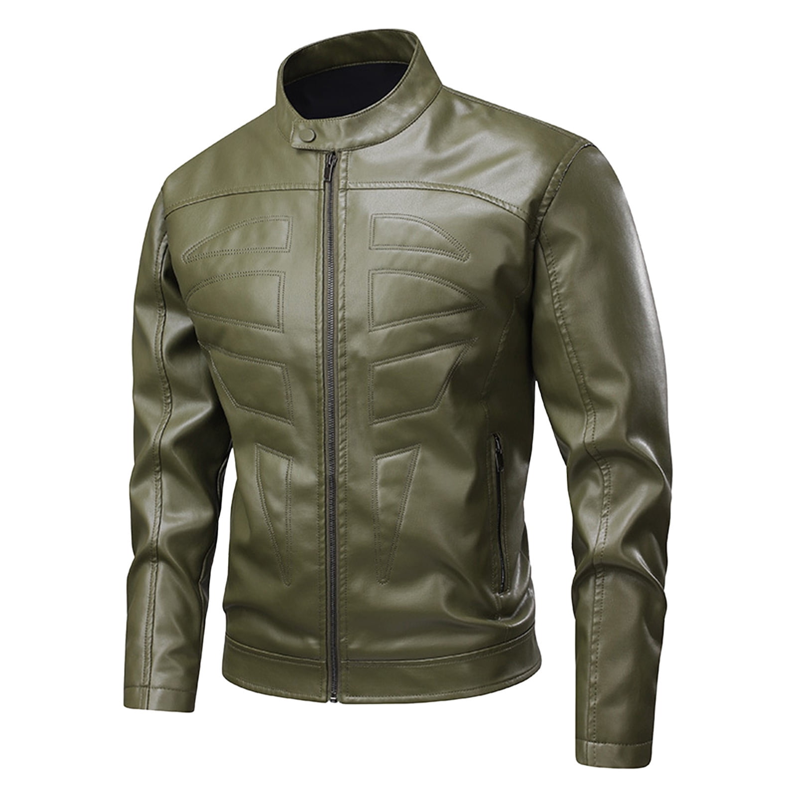 HOOMEUMY Men's Stand Collar Leather Jacket Casual Slim Fit Motorcycle Faux Leather Outerwear Windbreaker Coats with Pockets (Green,XXL）