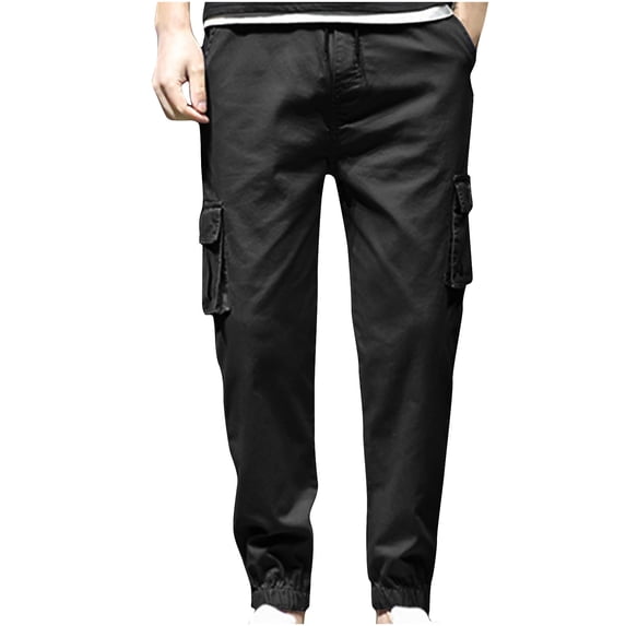HOOMEUMY Men's Straight Fit Cargo Pants Solid Joggers Multi-Pockets Drawstring Stretch Comfort Trousers Tapered Ankle Length Pants Black XXL