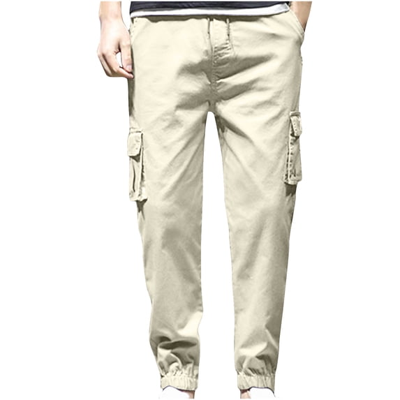 HOOMEUMY Men's Straight Fit Cargo Pants Solid Joggers Multi-Pockets Drawstring Stretch Comfort Trousers Tapered Ankle Length Pants Yellow XXL