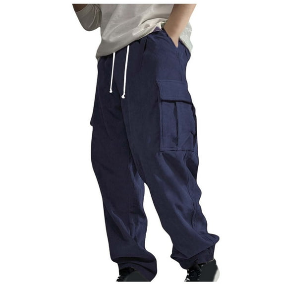 HOOMEUMY Men's Straight Fit Corduroy Pants with Pockets Solid Color Loose Workwear Trousers Drawstring Elastic Waist Bottoms Blue XXXL