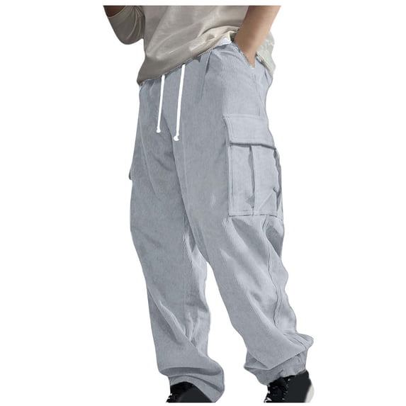 HOOMEUMY Men's Straight Fit Corduroy Pants with Pockets Solid Color Loose Workwear Trousers Drawstring Elastic Waist Bottoms Gray L
