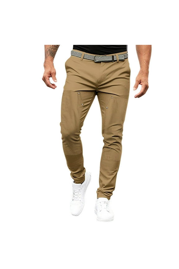 Men's Straight Fit Flat Front Workwear Outdoor Business Casual Buttons Stretch Pants with Multi Pockets Brown S