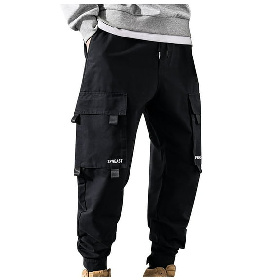 HOOMEUMY Men's Straight Fit Multi-Pocket Cargo Pants Joggers Bound Feet Streetwear Trousers with D string Black XXL