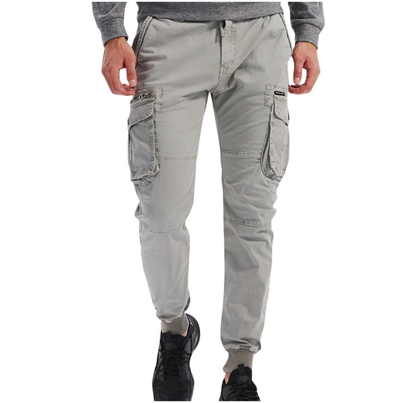 HOOMEUMY Men's Straight Fit Stretch Tapered Leg Elastic Waist Drawstring Bound Feet Cargo Pants with Multi Pockets Gray 34