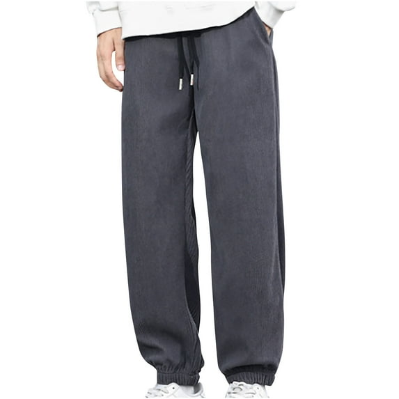 HOOMEUMY Men's Straight Leg Baggy Corduroy Pants with Pockets Drawstring Solid Color Loose Fit Trousers Gray XXXL
