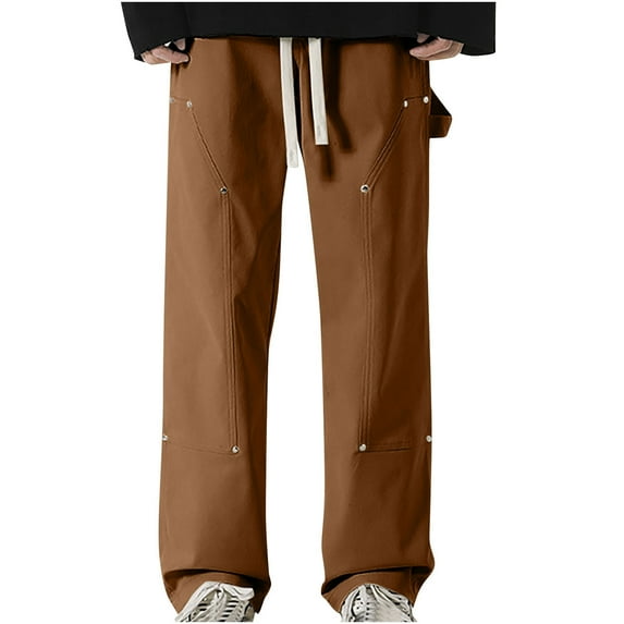HOOMEUMY Men's Straight Leg Carpenter Jeans with Multi-Pockets Drawstring Relaxed Fit Workwear Pants Loose Streetwear Trousers Brown XXXL