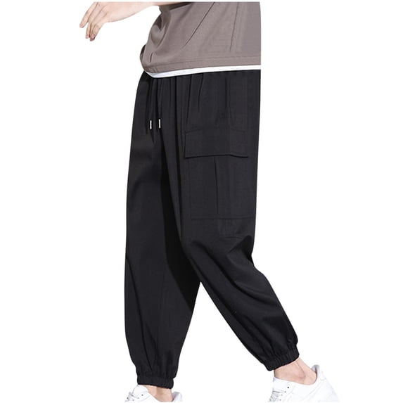 HOOMEUMY Men's Straight Leg Drawstring Breathable Casual Basic Joggers with Pockets Lightweight Loose Fit Long Pants Black XXXL