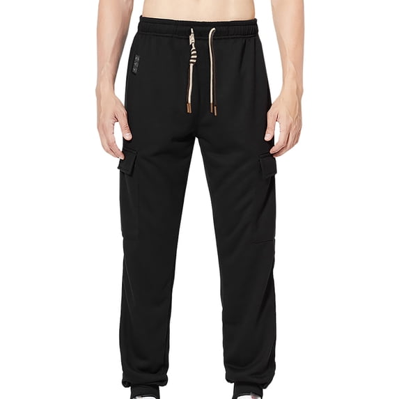 HOOMEUMY Men's Straight Leg Drawstring Cargo Pants with Pockets Solid Color Jogger Sweatpants Trousers Black M