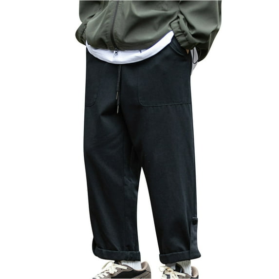 HOOMEUMY Men's Straight Leg Drawstring Cargo Pants with Pockets Solid Color Loose Fit Trousers Vintage Streetwear Jogger Pants Black XXL