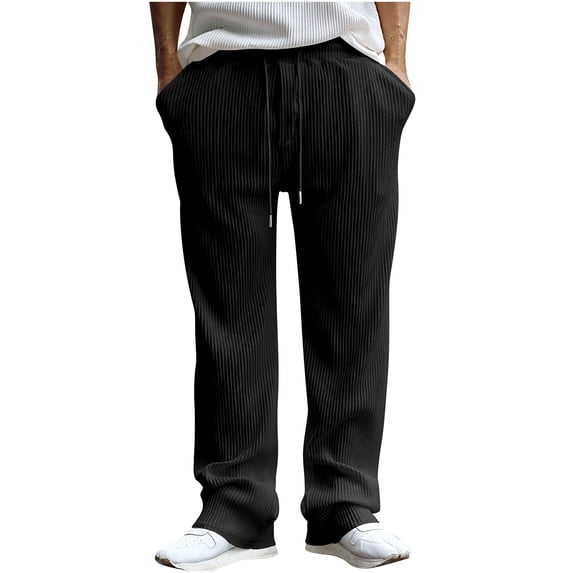 HOOMEUMY Men's Straight Leg Drawstring Ribbed Sweatpants with Pockets Loose Fit Trousers Activewear Jogger Pants Black L