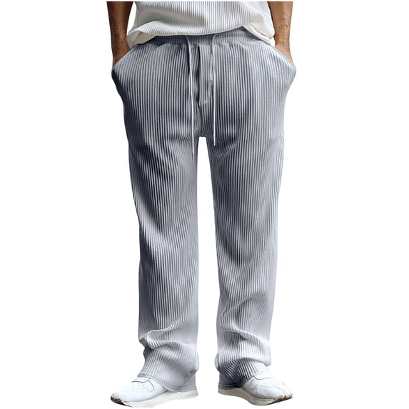 HOOMEUMY Men's Straight Leg Drawstring Ribbed Sweatpants with Pockets Loose Fit Trousers Activewear Jogger Pants Gray S