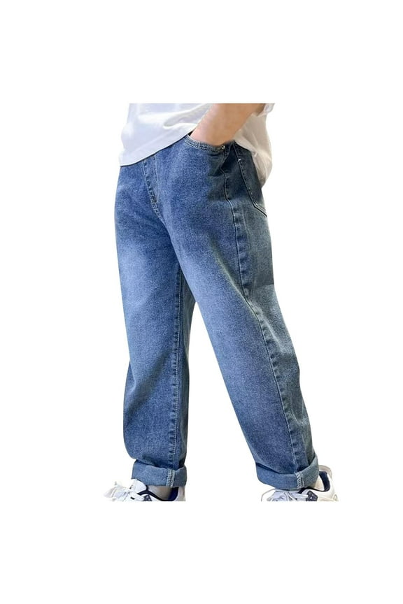 Men's Straight Leg Jeans Loose Fit Denim Pants Comfortable Washed Retro High Waist Trousers for Daily Wear Blue 7 Years