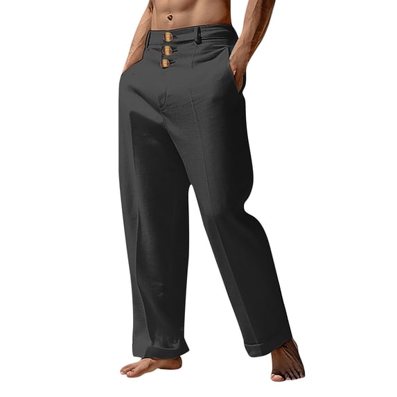 HOOMEUMY Men's Straight Leg Linen Blend Pants with Pockets Loose Fit Summer Long Trousers Solid Color Beach Pants Black M