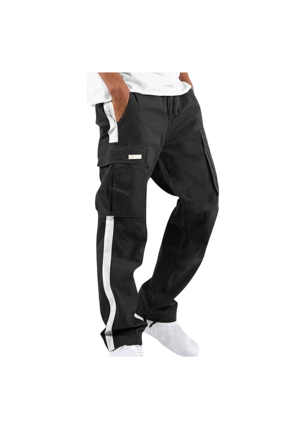 Men's Straight Leg Long Drawstring Colorblocked Workout Fitness Cargo Pants with Side Stripe Pockets White XXL