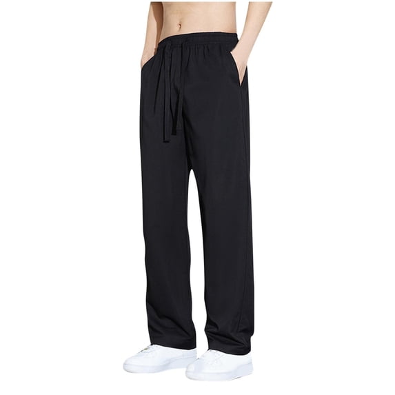 HOOMEUMY Men's Straight Leg Long Pants with Pockets Drawstring Elastic Waist Loose Fit Trousers Solid Color Sportswear Bottoms Black XXXL