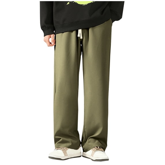 HOOMEUMY Men's Straight Leg Long Pants with Pockets Drawstring Solid Color Loose Fit Trousers Sweatpants Joggers Hip Hop Streetwear Bottoms Green M