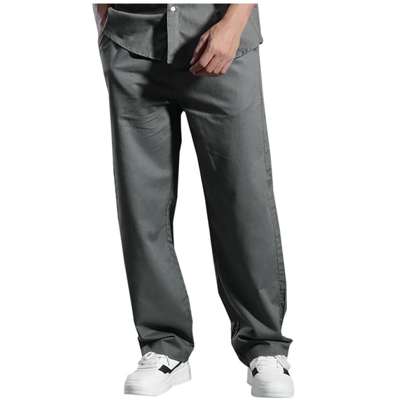 HOOMEUMY Men's Straight Leg Loose Fit Cotton Linen Casual Basic Comfort Work Pants with Pockets Solid Color Trousers Gray XXL
