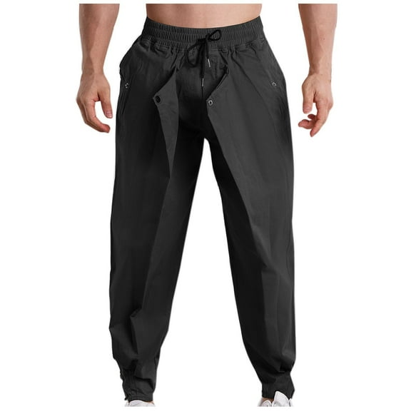 HOOMEUMY Men's Straight Leg Pants Drawstring Solid Cotton Buttons Casual Basic Color Trousers with Side Zipper Pockets Black XL