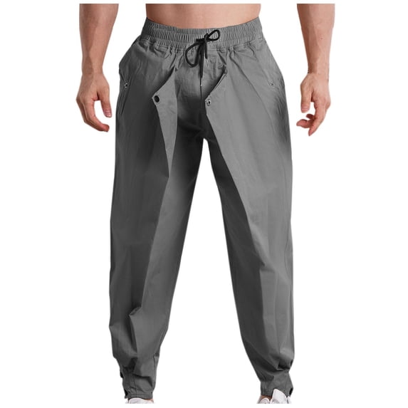 HOOMEUMY Men's Straight Leg Pants Drawstring Solid Cotton Buttons Casual Basic Color Trousers with Side Zipper Pockets Gray M
