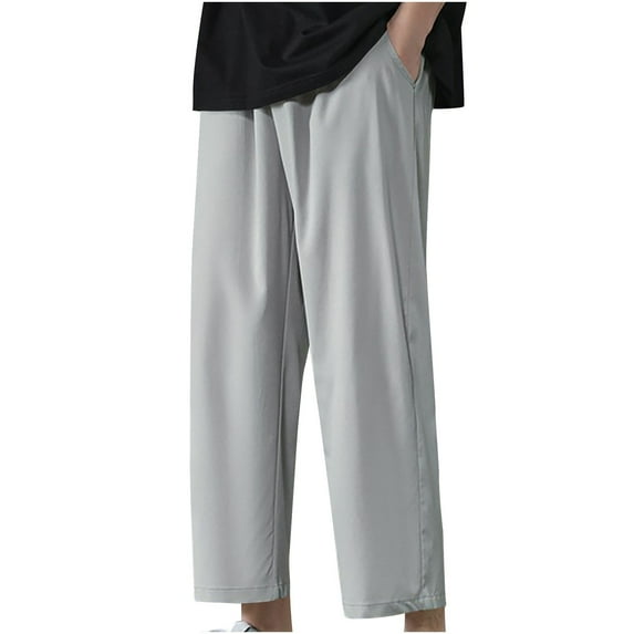 HOOMEUMY Men's Straight Leg Solid Color Loose Fit Workout Light Breathable Casual Cropped Trousers with Pockets Gray M