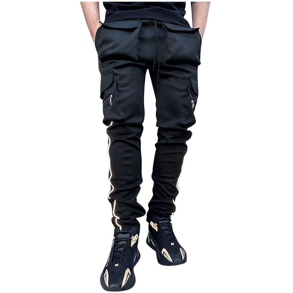 HOOMEUMY Men's Straight Leg Stacked Sweatpants with Multi-Pockets Drawstring Elastic Waist Streetwear Long Pants Black XXXL
