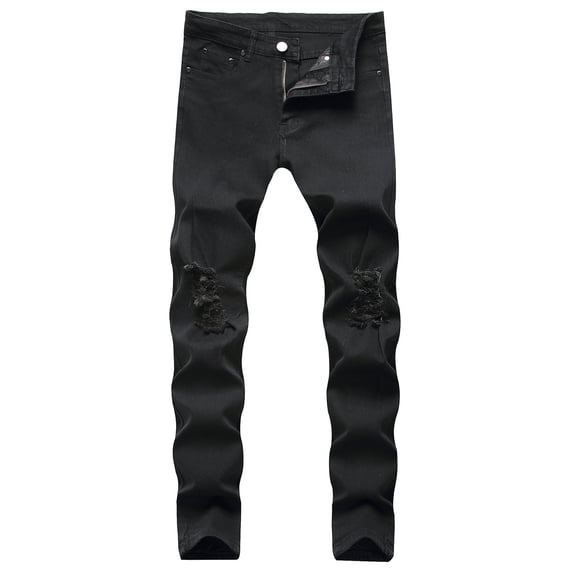 HOOMEUMY Men's Straight Stretch Destroyed Biker Skinny Jeans Slim Fit Casual Breathable Lightweight Denim Pants with Holes Black XXXXXL