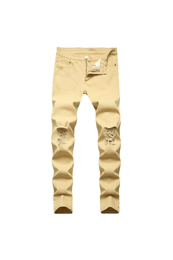 Men's Straight Stretch Destroyed Biker Skinny Jeans Slim Fit Casual Breathable Lightweight Denim Pants with Holes Yellow M