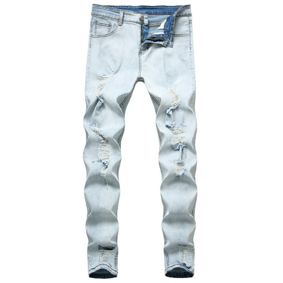 HOOMEUMY Men's Stretch Biker Jeans Skinny Destroyed Ripped Denim Washed Slim Fit Biker Jeans Distressed Stretch Denim Pants Blue L(32)