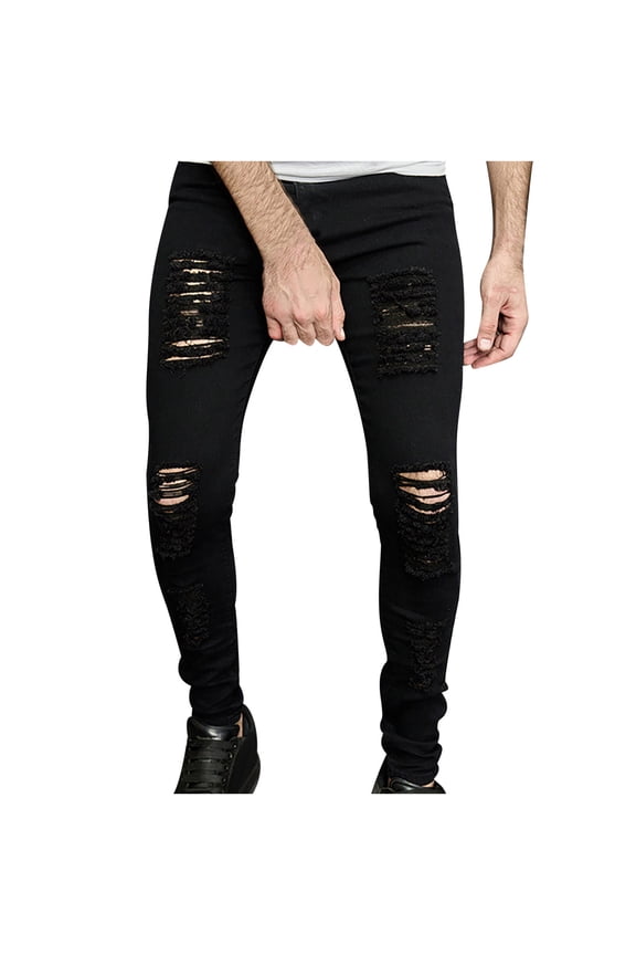 Men's Stretch Biker Skinny Casual Basic 2024 Trendy Jeans Destroyed Ripped Distressed Denim Pants with Holes Black S
